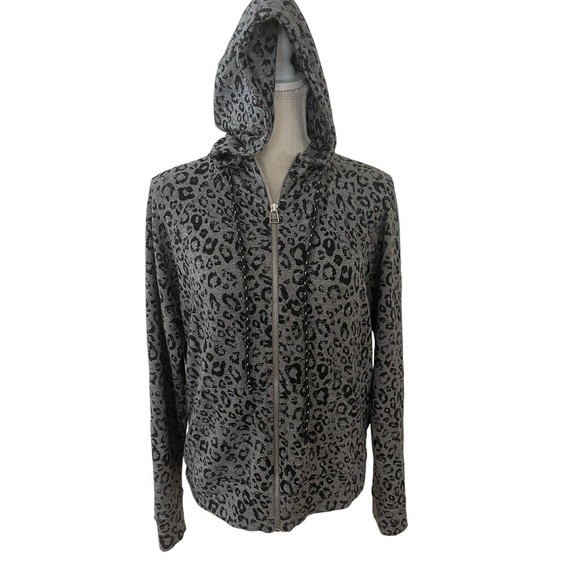 Sundry Women's Hoodie 1 Gray Black Leopard Full Zip Oversized Animal‎ Print Soft - Picture 1 of 5